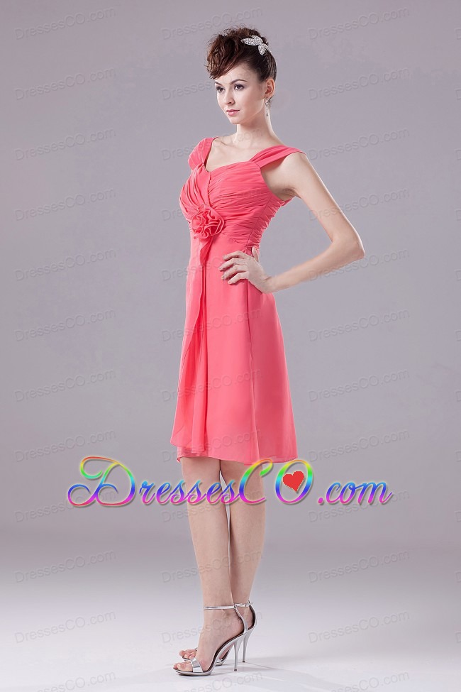 Ruched And Hand Made Flower Knee-length Straps Chiffon A-line Watermelon Bridesmaid Dress