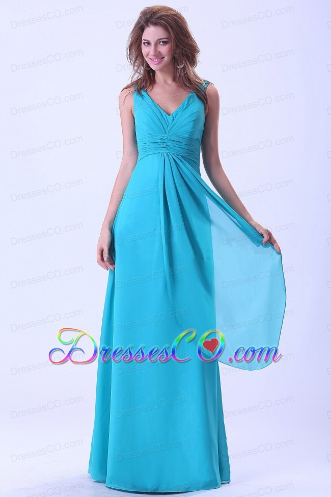 Aqua Blue Prom Dress With V-neck Chiffon Long For Custom Made