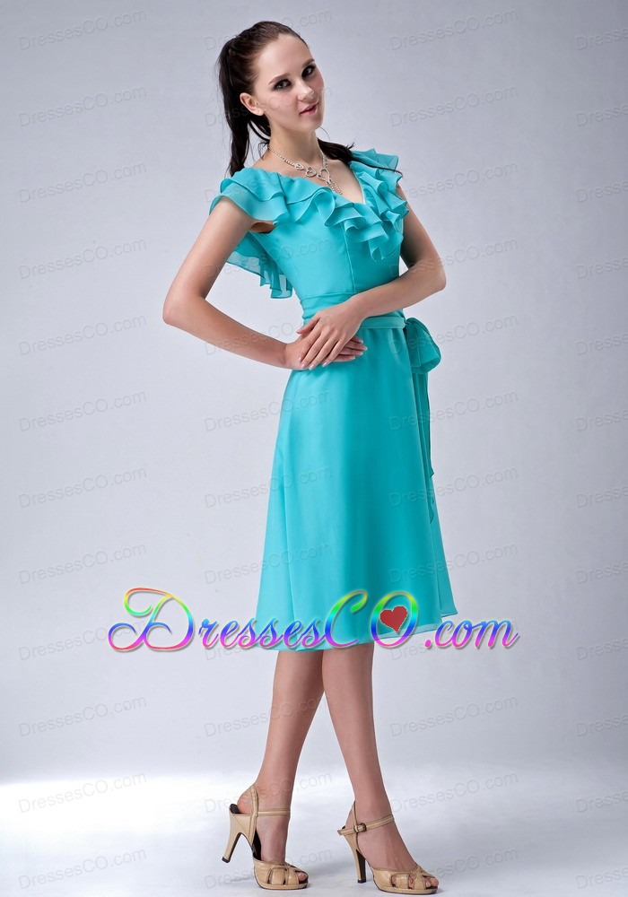 Popular Turquoise Blue Empire V-neck Bridesmaid Dress Chiffon Sash Tea-length