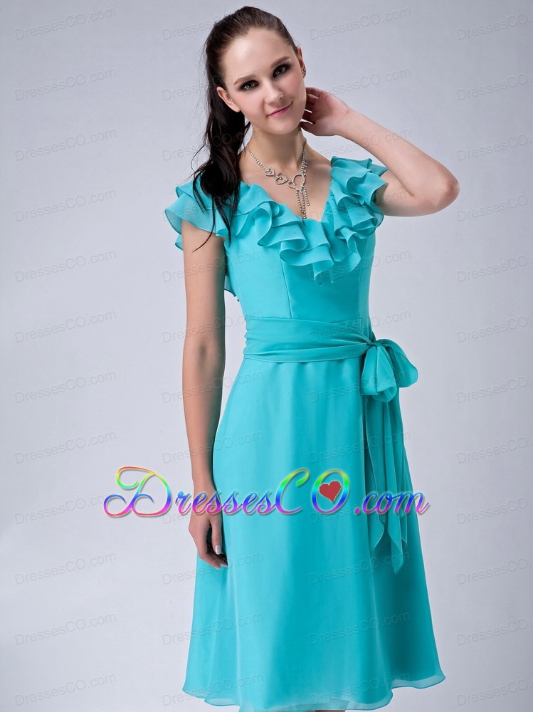 Popular Turquoise Blue Empire V-neck Bridesmaid Dress Chiffon Sash Tea-length