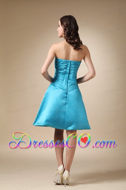 Turquoise A-line Strapless Knee-length Satin Hand Made Flower Prom / Homecoming Dress