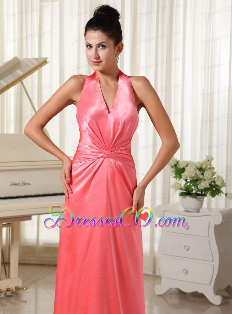 Watermelon With Halter Top Bridesmaid Dress Ruched Decorate Waist Elastic Woven Satin