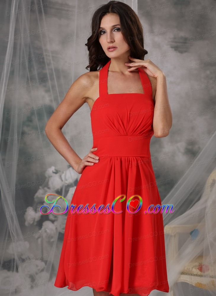 Simple Red Empire Halter Homecoming Dress Chiffon Ruched Knee-length