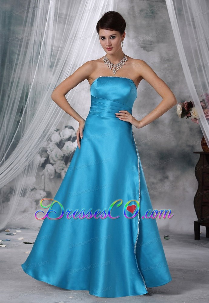 Beaded Decorate Strapless Long Teal Satin Prom / Evening Dress For 2013