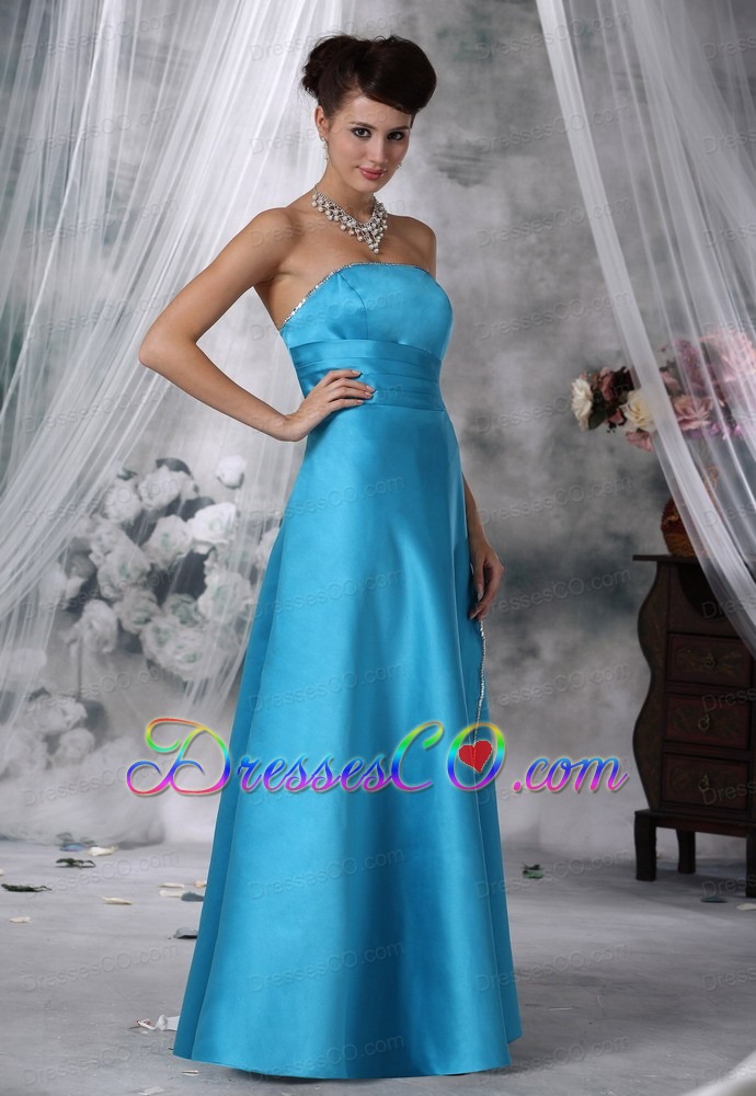 Beaded Decorate Strapless Long Teal Satin Prom / Evening Dress For 2013