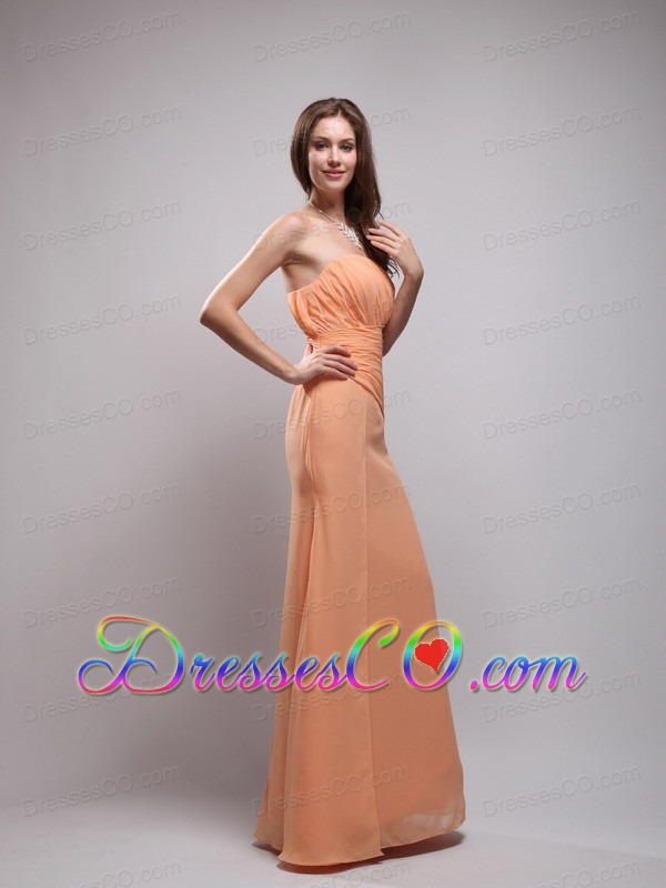 Orange Column Strapless Long Chiffon Ruched Bridesmaid Dress