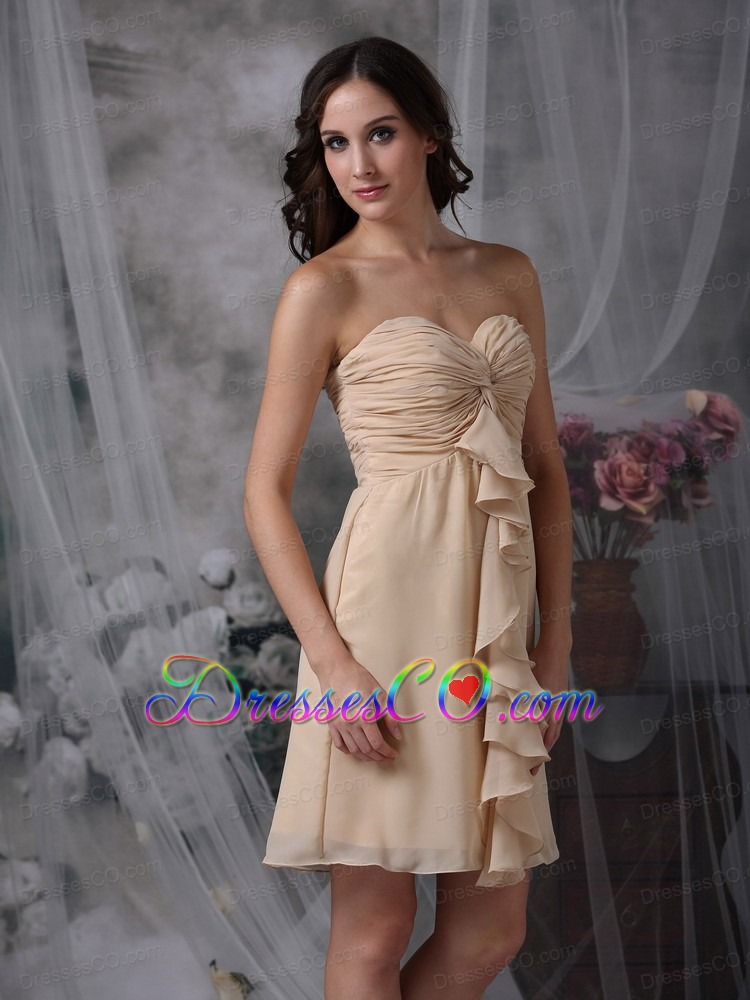 Champagne Column / Sheath Mini-length Chiffon Ruched Prom Dress