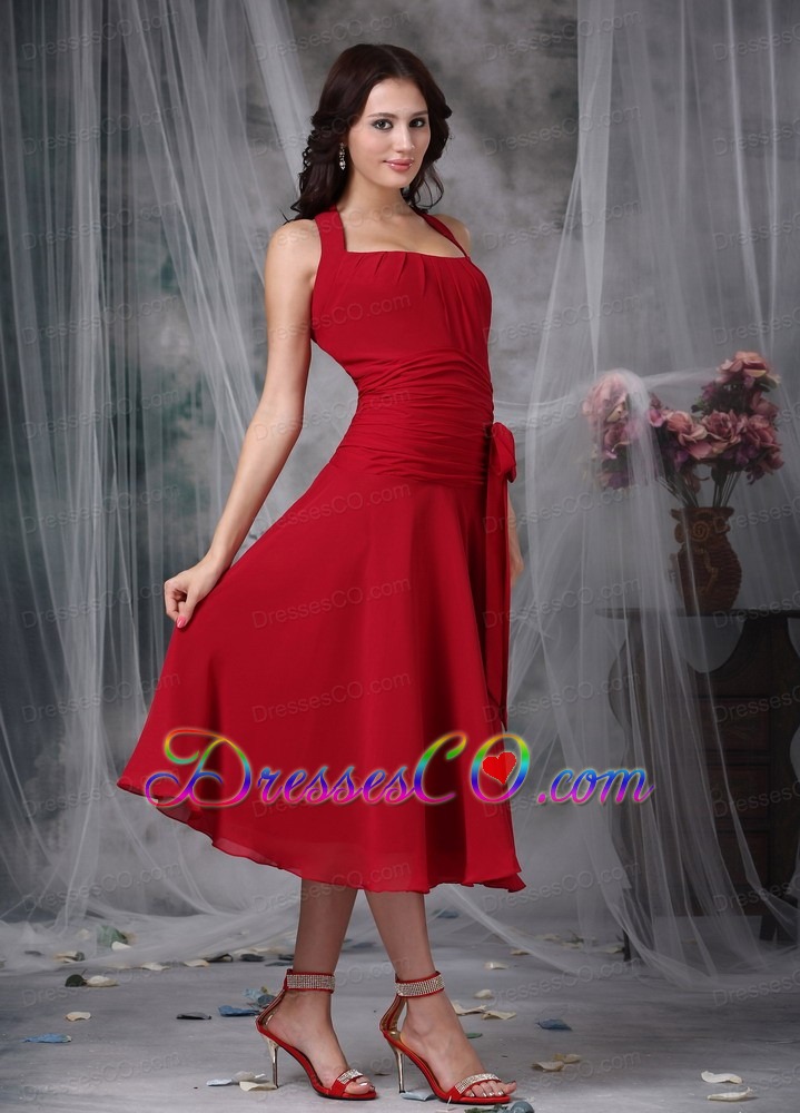 Wine Red Column Halter Tea-length Chiffon Ruch Prom Dress