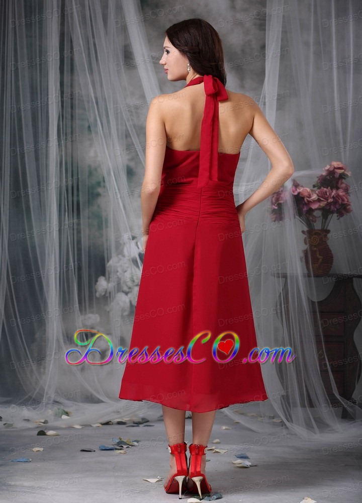 Wine Red Column Halter Tea-length Chiffon Ruch Prom Dress