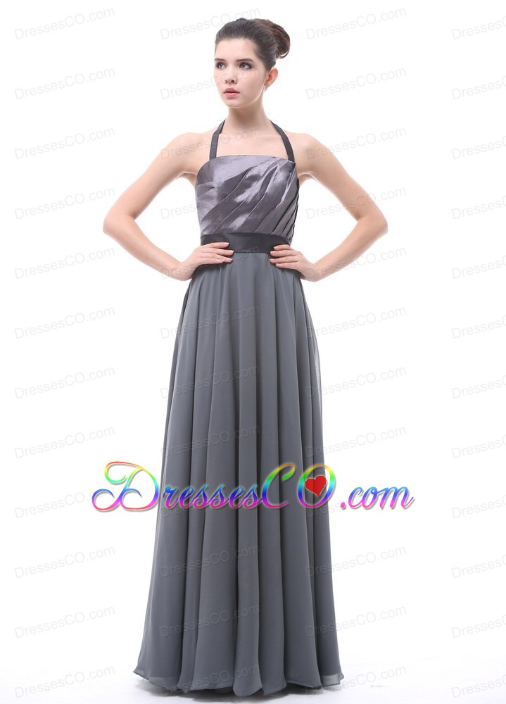 Grey Halter Ruched Black Belt Prom Dress For Custom Made