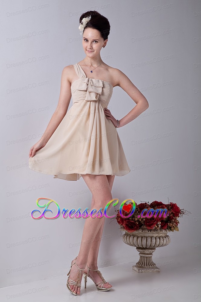 Champagne One Shoulder Mini-length Chiffon Ruche Bridesmaid Dress