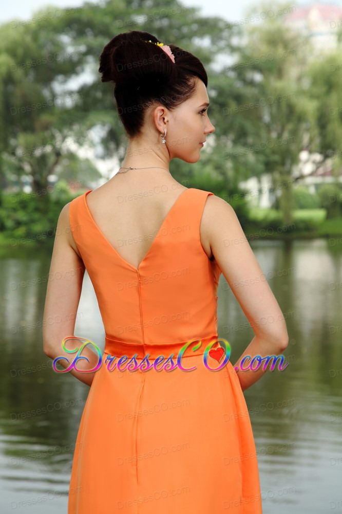 Orange Empire V-neck Knee-length Chiffon Ruche Prom Dress