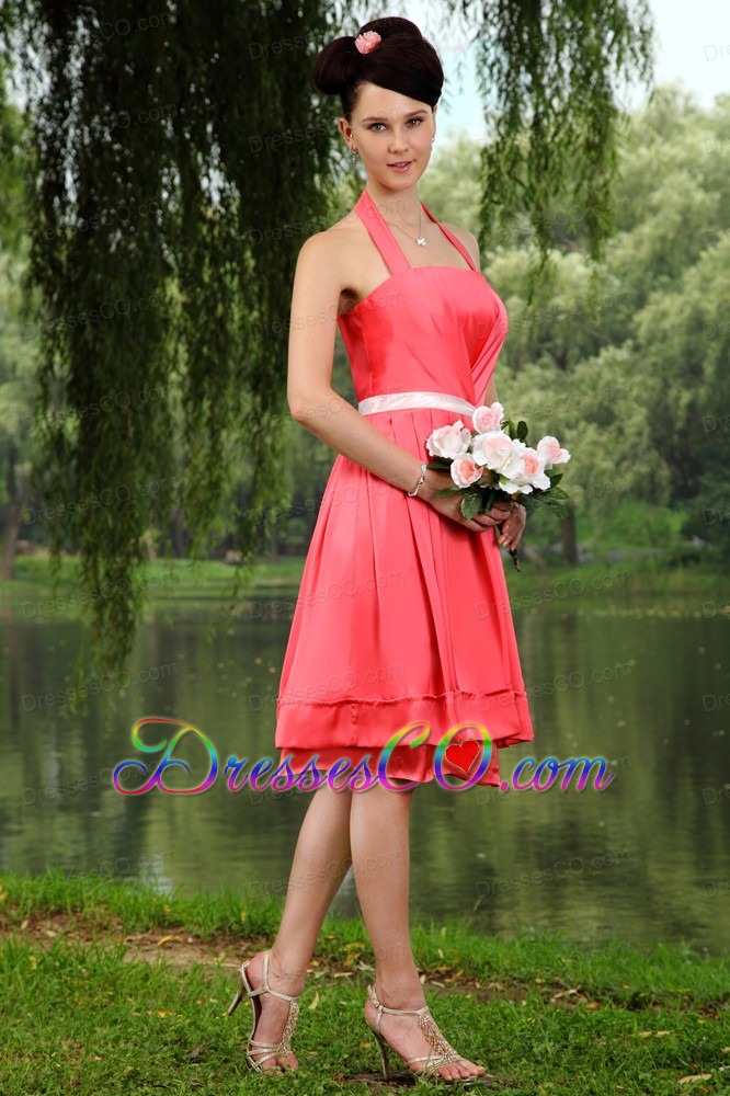 Coral Red Empire Halter Prom / Homecoming Dress Elastic Woven Satin Sashes Knee-length