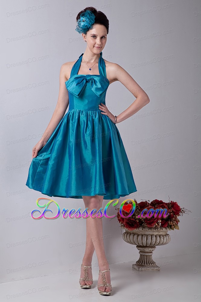 Teal Princess Halter Prom/homecoming Dress Taffeta Bowknot Knee-length