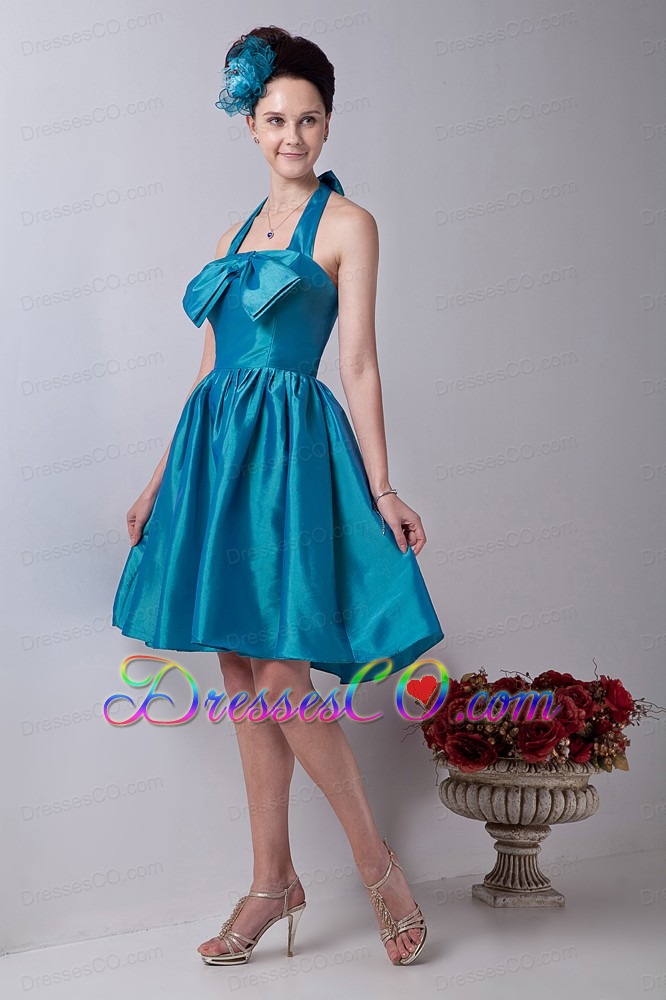 Teal Princess Halter Prom/homecoming Dress Taffeta Bowknot Knee-length