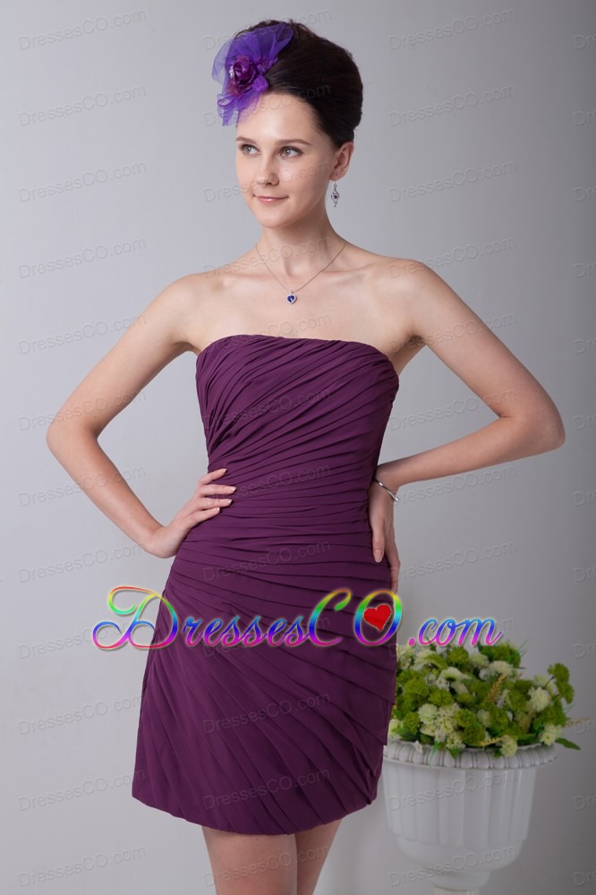 Purple Column Strapless Mini-length Chiffon Ruche Prom / Homecoming Dress