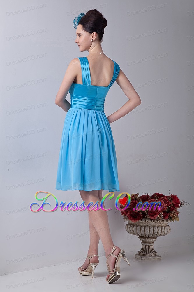 Aqua Blue Empire Straps Knee-length Chiffon Ruche Prom / Homecoming Dress