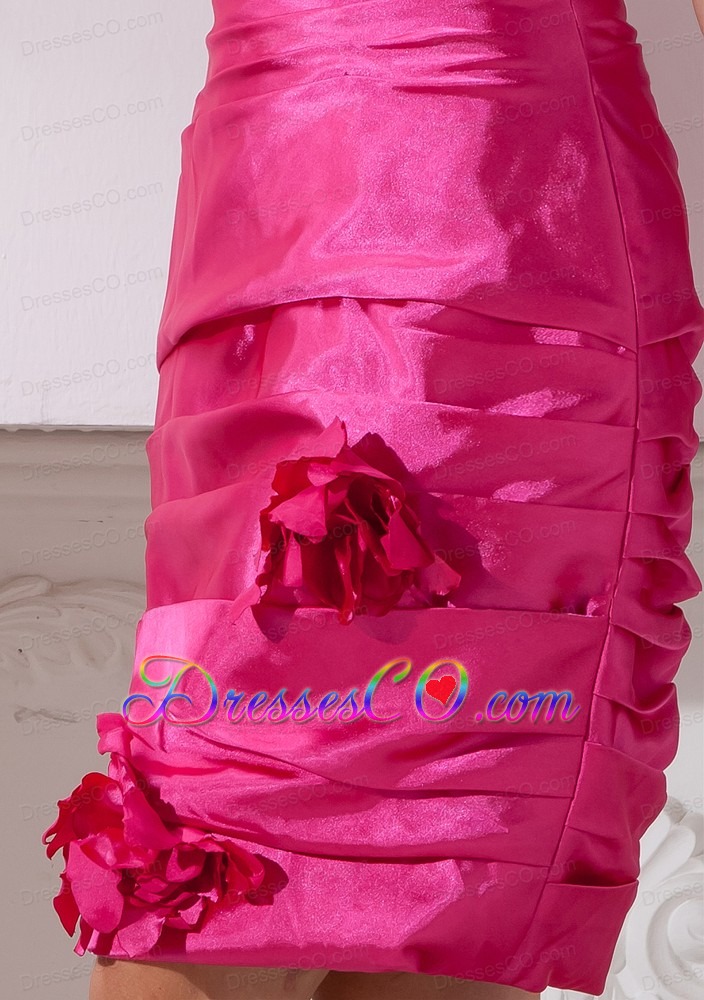Hot Pink Column Strapless Cocktail Dress Taffeta Hand Made Flowers Mini-length