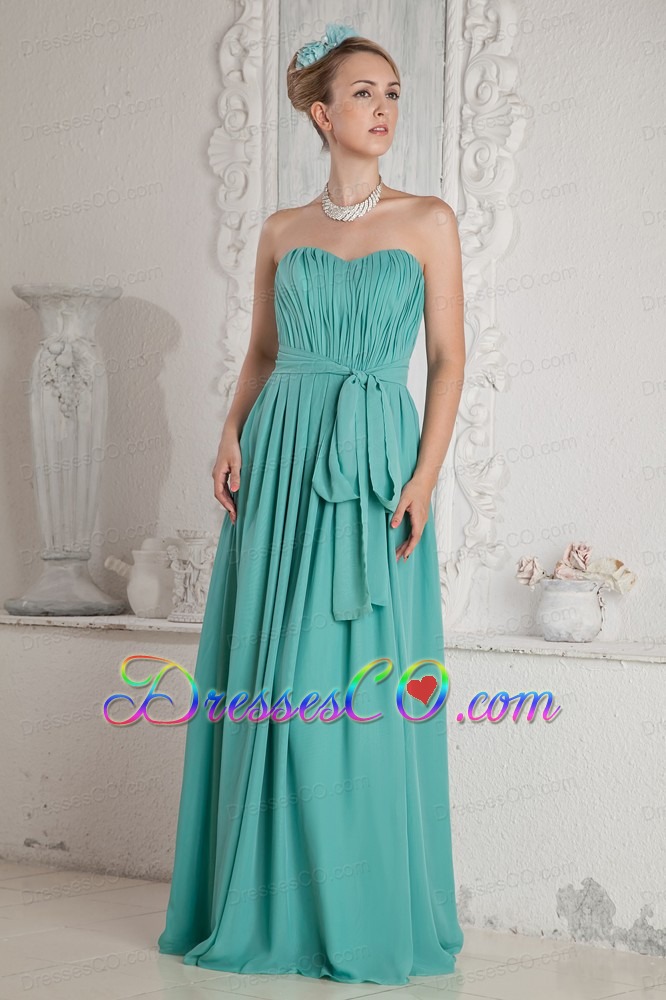 Turquoise Empire Ruching And Sash Prom Dress Long Chiffon