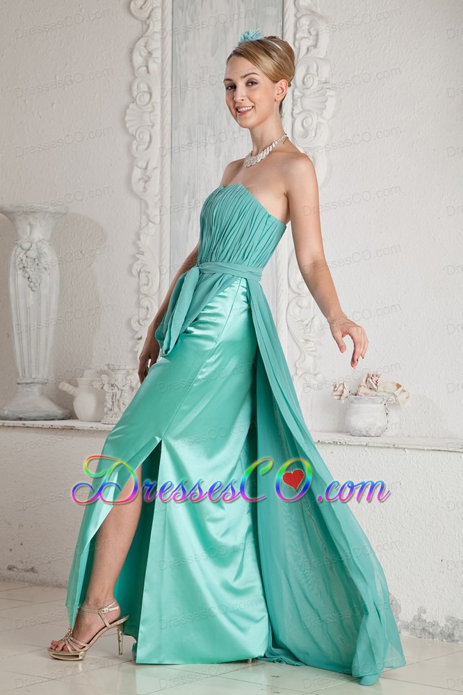 Turquoise Empire Ruching And Sash Prom Dress Long Chiffon