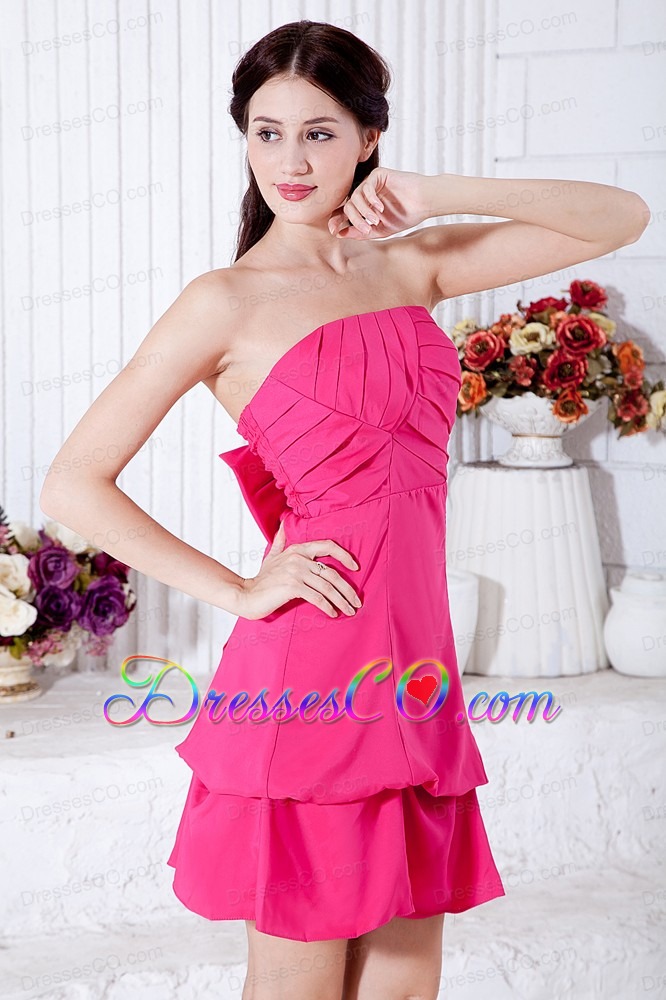 Hot Pink A-line Strapless Cocktail Dress Taffeta Ruching Mini-length