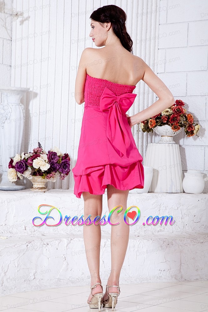 Hot Pink A-line Strapless Cocktail Dress Taffeta Ruching Mini-length