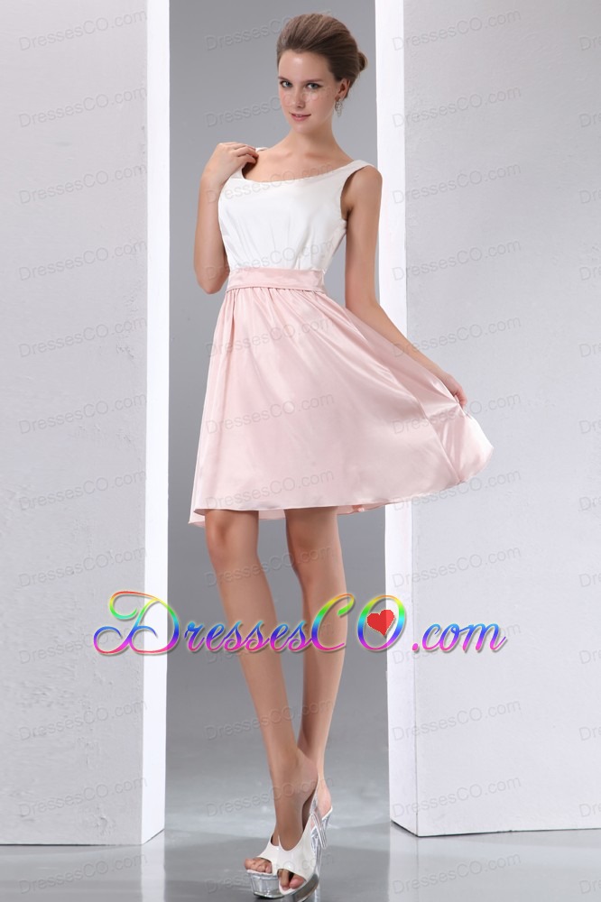 White And Pink A-line Scoop Mini-length Taffeta Prom Dress