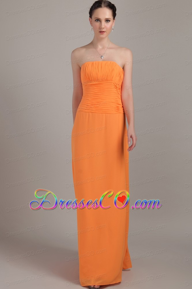 Orange Column Strapless Long Chiffon Ruching Prom Dress