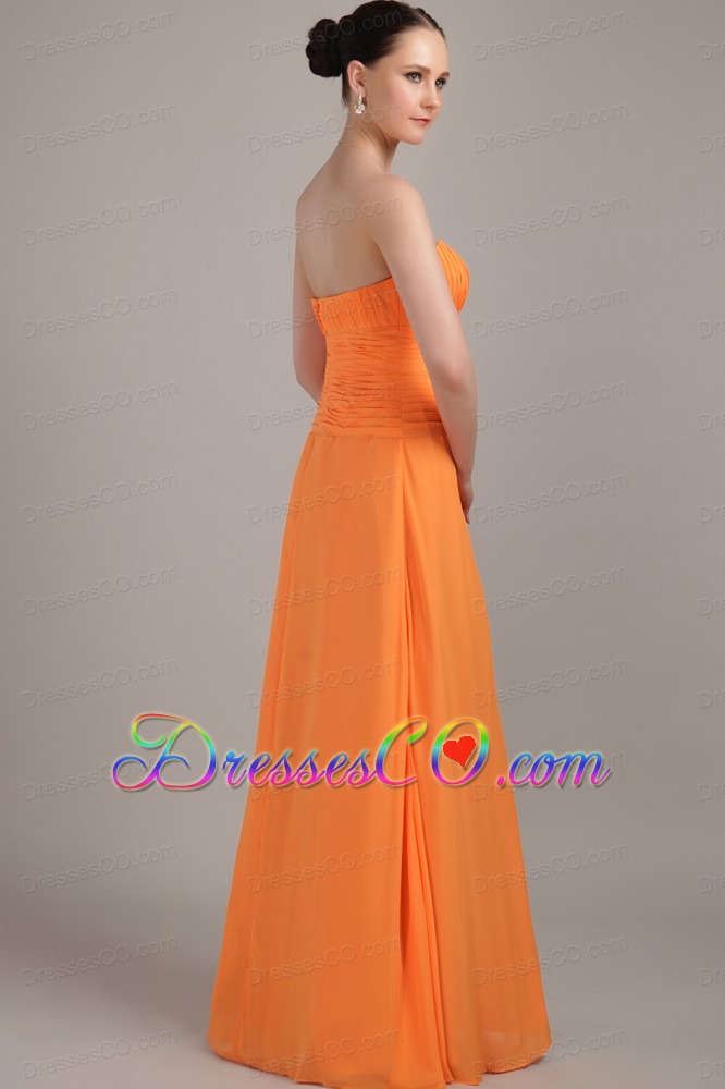 Orange Column Strapless Long Chiffon Ruching Prom Dress