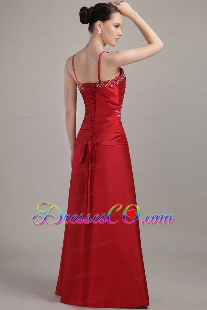 Wine Red Column/sheath Spaghetti Straps Long Taffeta Beading Prom Dress
