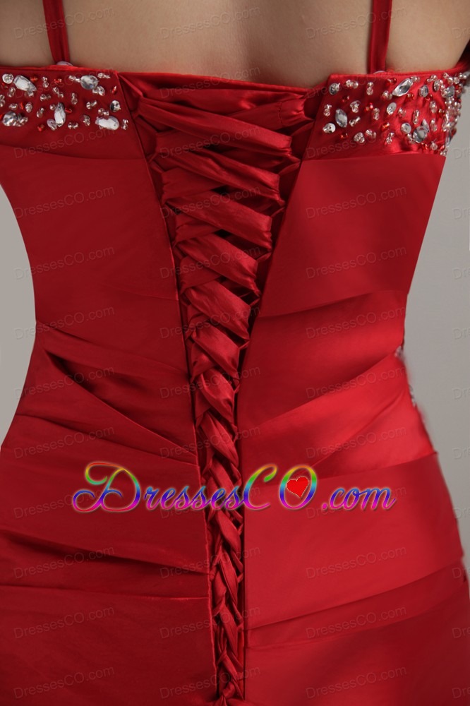 Wine Red Column/sheath Spaghetti Straps Long Taffeta Beading Prom Dress