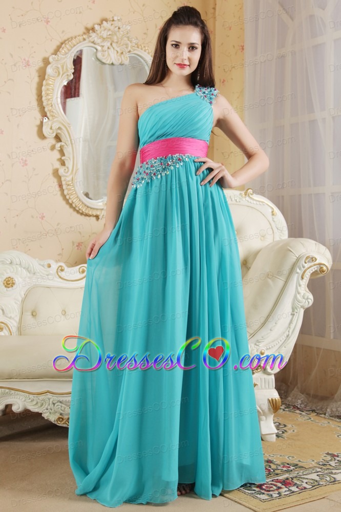 Teal Empire One Shoulder Prom Dress Chiffon Ruching And Beading Long