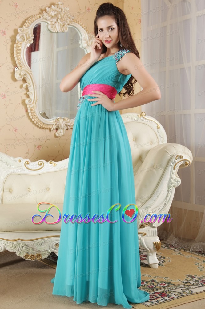 Teal Empire One Shoulder Prom Dress Chiffon Ruching And Beading Long