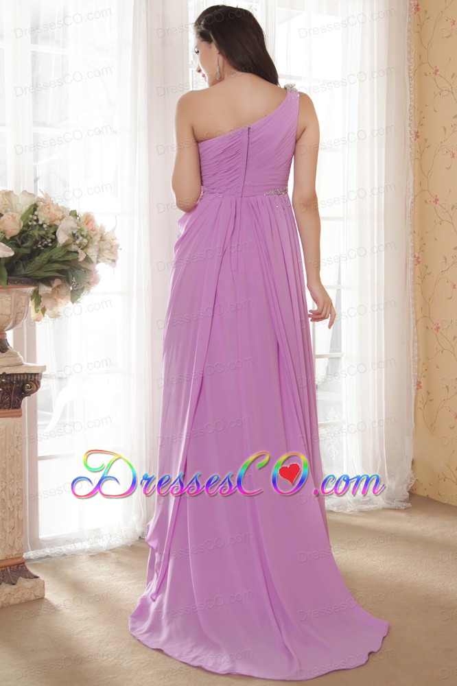 Lavender Empire One Shoulder Chiffon Ruching and Beading Prom Dress High-low