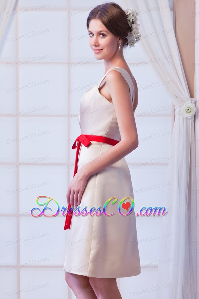 Champagne A-line Square Mini-length Satin Bow Prom Dress