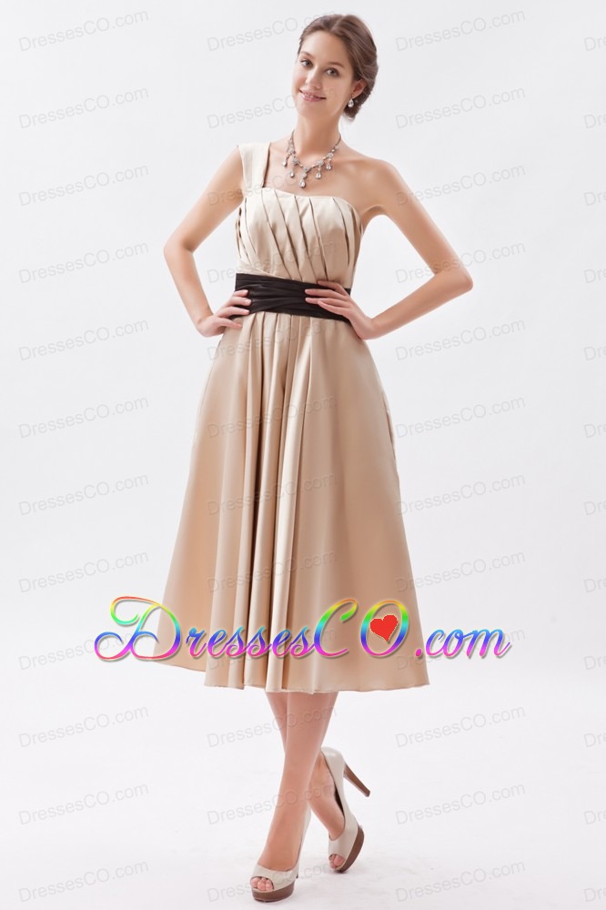 Champagne A-line / Princess One Shoulder Tea-length Satin Ruched Prom Dress