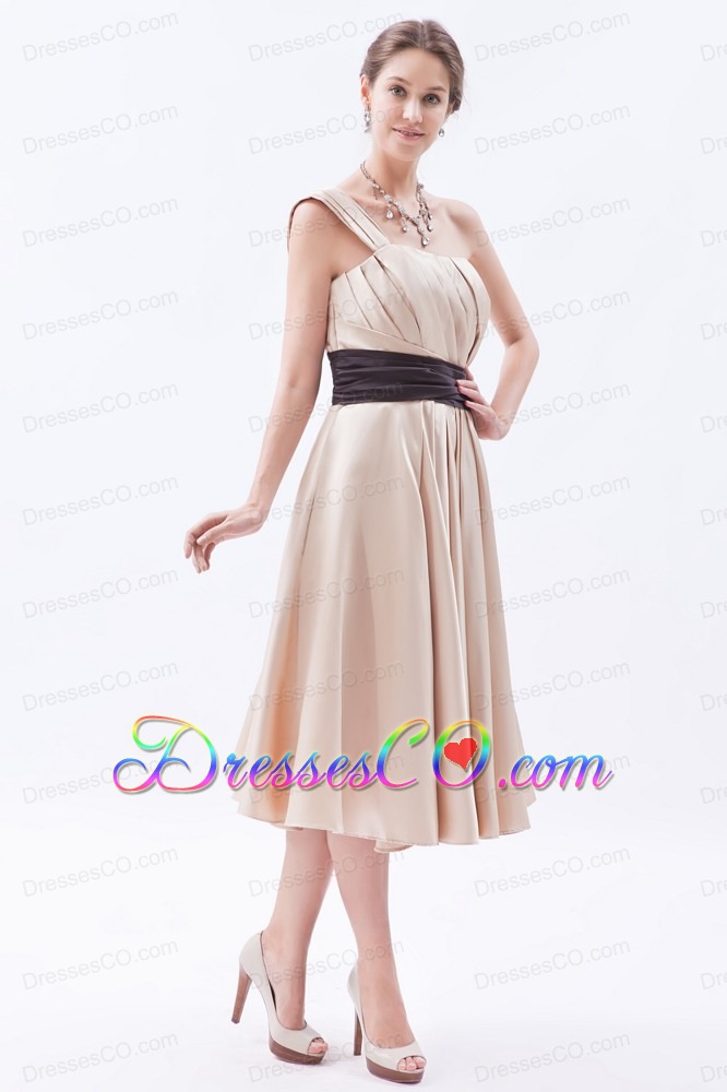 Champagne A-line / Princess One Shoulder Tea-length Satin Ruched Prom Dress