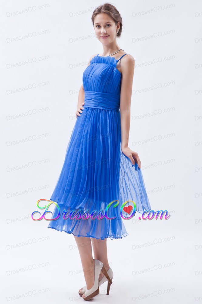 Blue Empire Straps Prom Dress Organza Ruched Tea-length