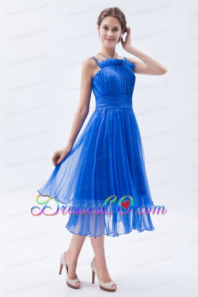 Blue Empire Straps Prom Dress Organza Ruched Tea-length