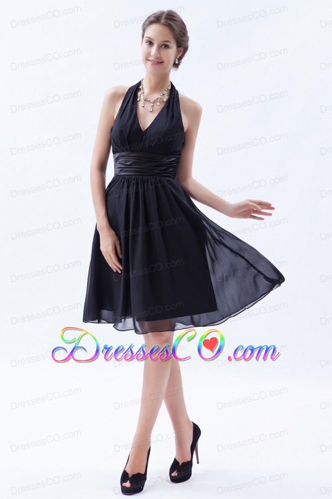 Black Empire Halter Knee-length Chiffon Ruched Prom Dress