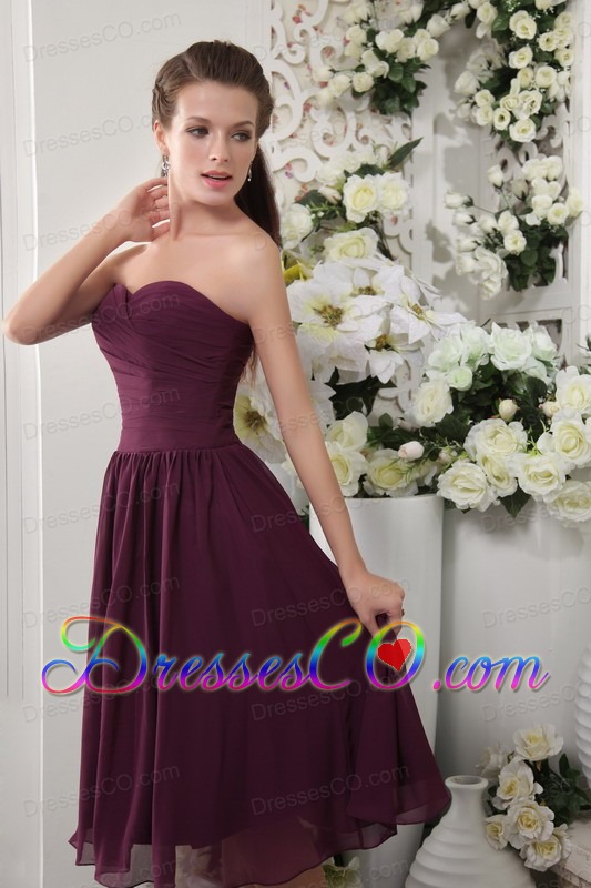Dark Purple Empire Tea-length Chiffon Pleat Prom Dress
