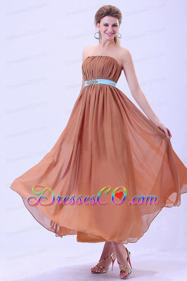 Custom Made For Rust Red Prom / Evening Dress With Blue Belt And Ruching Chiffon Ankle-length