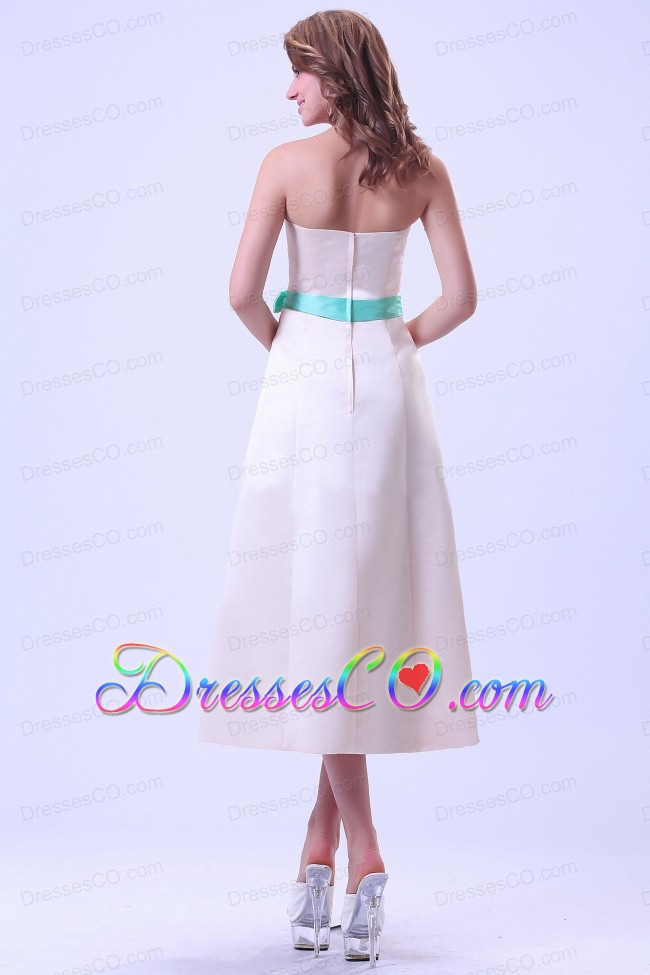 Champagne Bridemaid Dress With Turquoise Sash Tea-length Satin