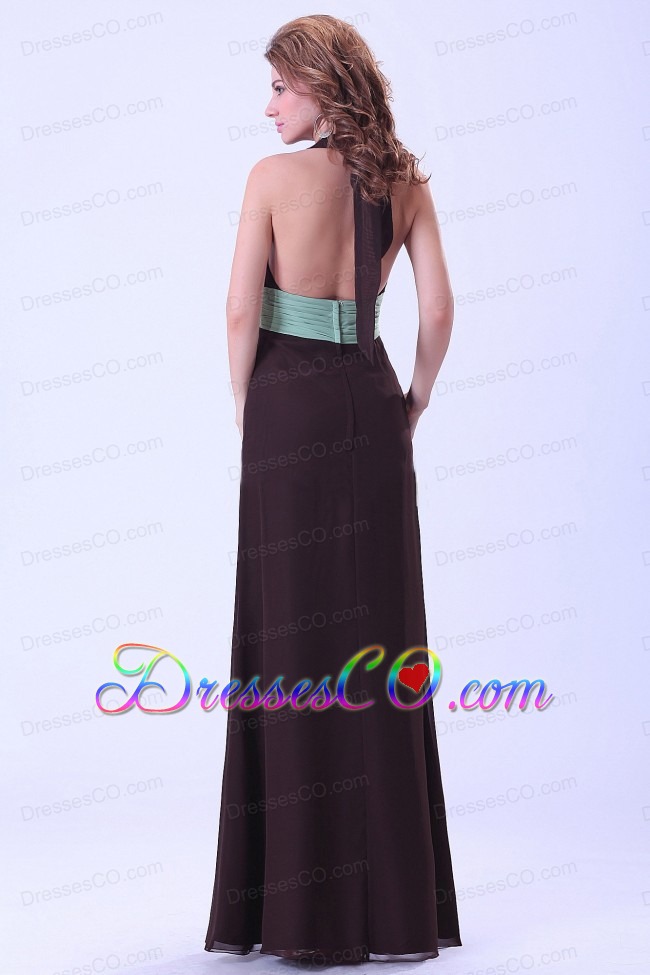 Brwon Prom Dress With Belt Halter Long Backless