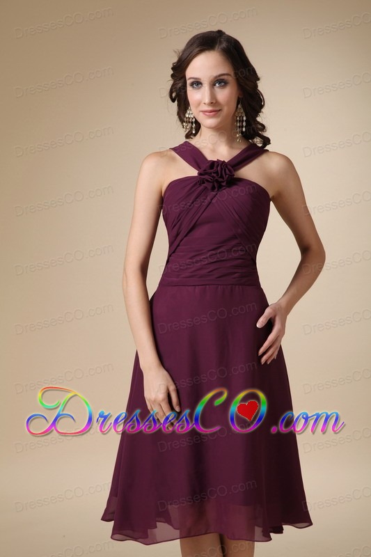 Dark Purple A-line V-neck Knee-length Chiffon Hand Made Flower Bridesmaid Dress