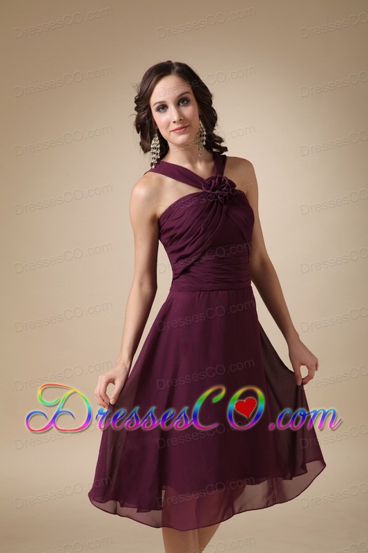 Dark Purple A-line V-neck Knee-length Chiffon Hand Made Flower Bridesmaid Dress