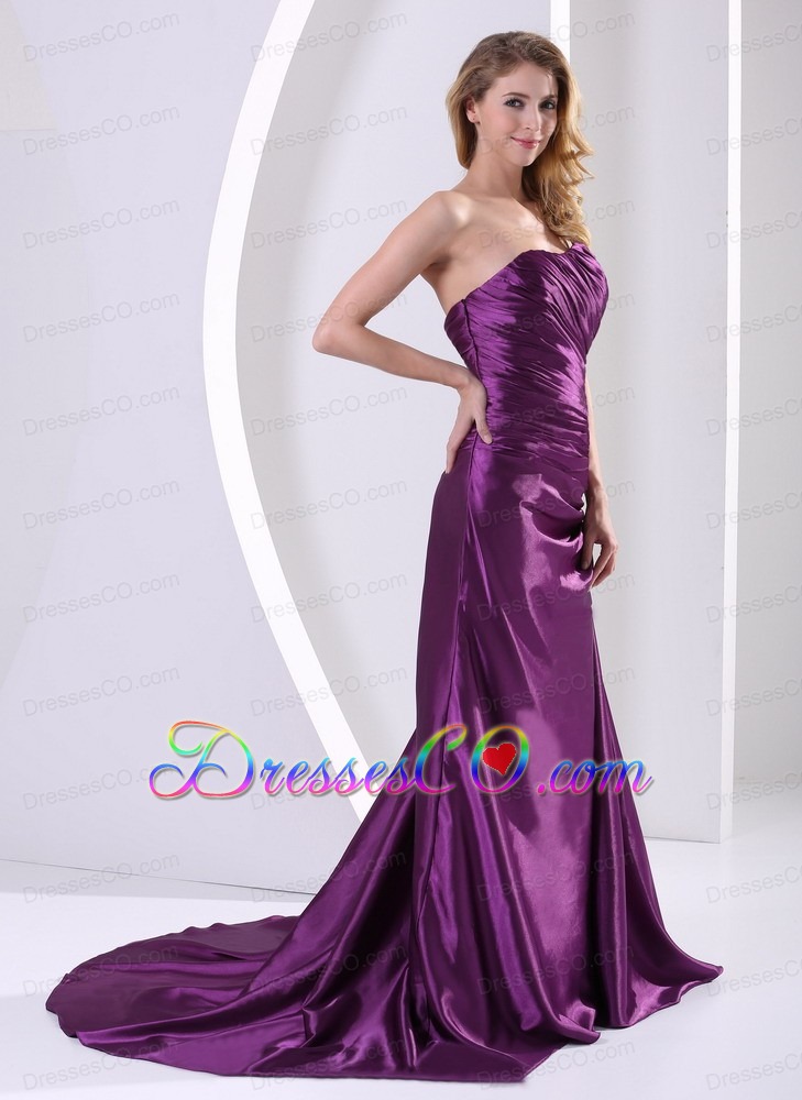 Eggplant Purple One Shoulder Bridesmaid Dress With Ruche and Appliques Court Train Elastic Woven Satin