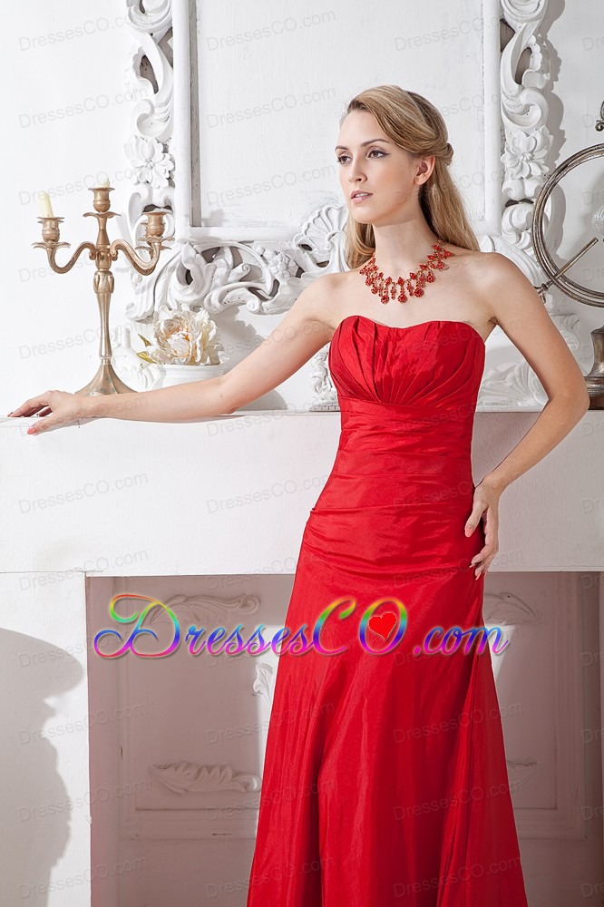 Red A-line Strapless Long Taffeta Ruched Bridesmaid Dress