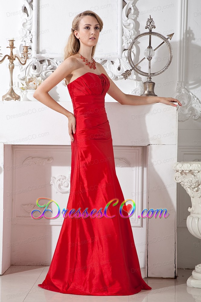 Red A-line Strapless Long Taffeta Ruched Bridesmaid Dress