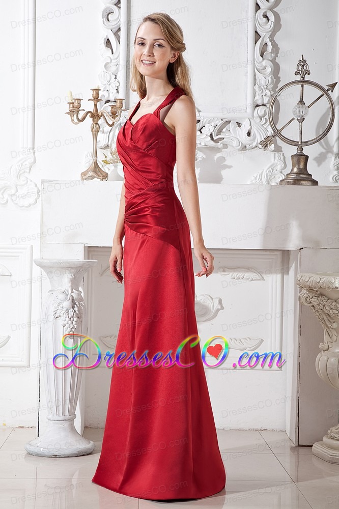 Wine Red A-line Halter Long Satin Ruching Prom Dress